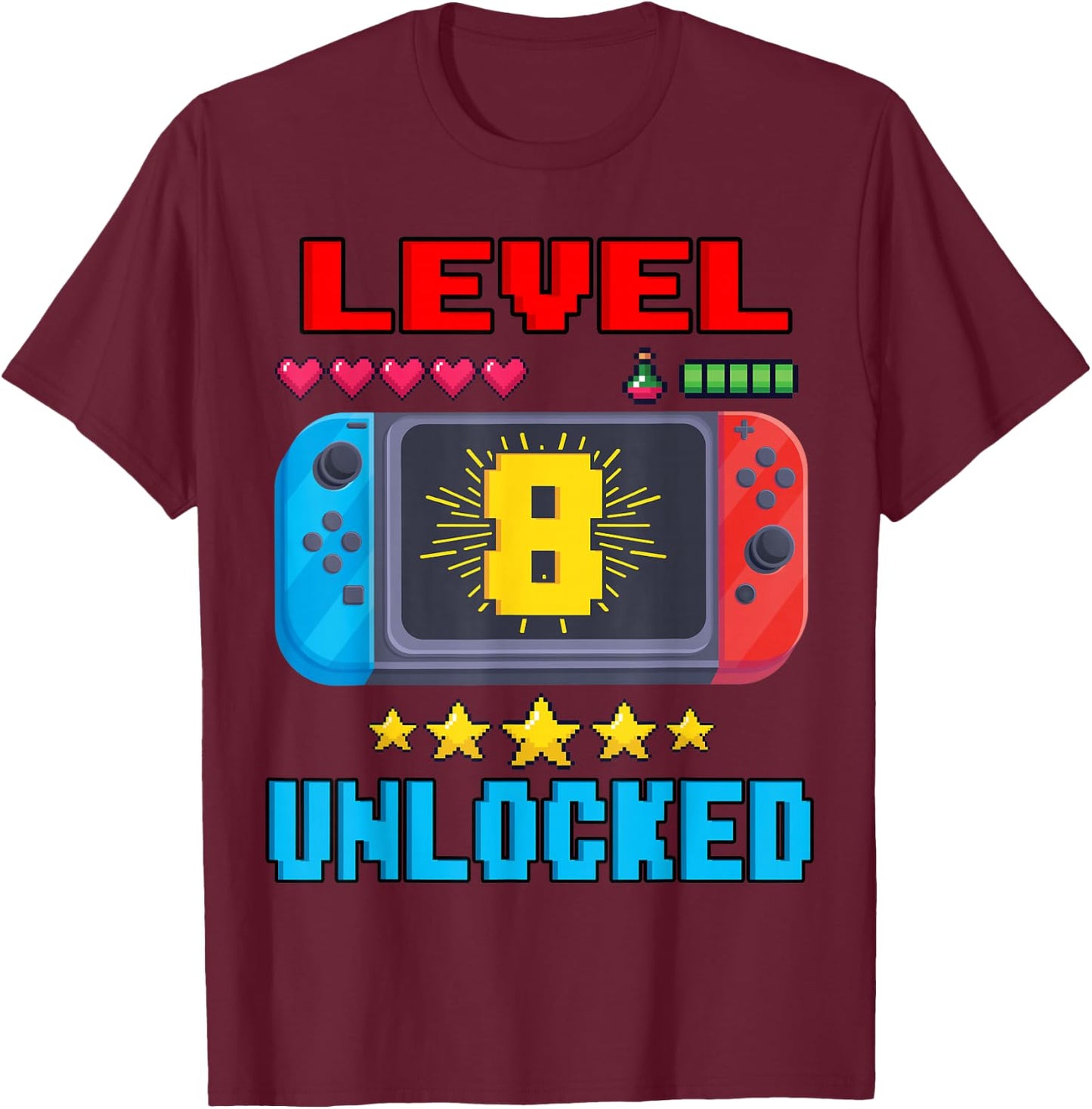 8th Birthday Boy Level 8 Unlocked Video Gamer Birthday T-Shirt - T-Shirt | Maroon
