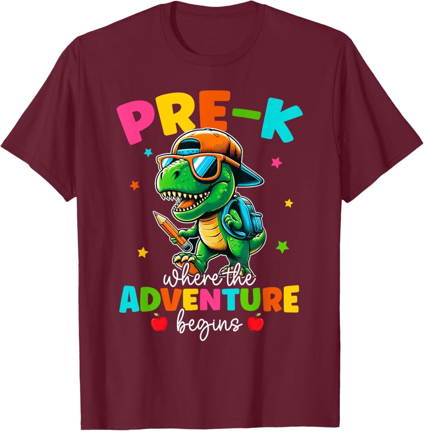 Pre-K Where The Adventure Begins Dinosaur Back To School T-Shirt - T-Shirt | Maroon