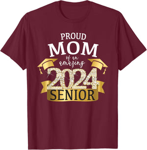 Proud 2024 Senior Mom I Elegant Yellow Celebration Outfit T-Shirt - T-Shirt | Maroon