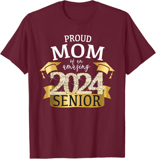 Proud 2024 Senior Mom I Elegant Yellow Celebration Outfit T-Shirt - T-Shirt | Maroon