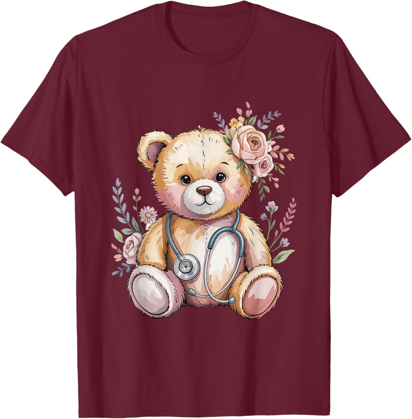Floral Teddy Bear Flower Kids Doctor Pediatric Nurse T-Shirt - T-Shirt | Maroon