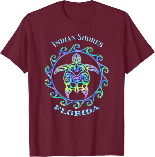 Indian Shores Florida Vacation Colorful Turtle T-Shirt - T-Shirt | Maroon