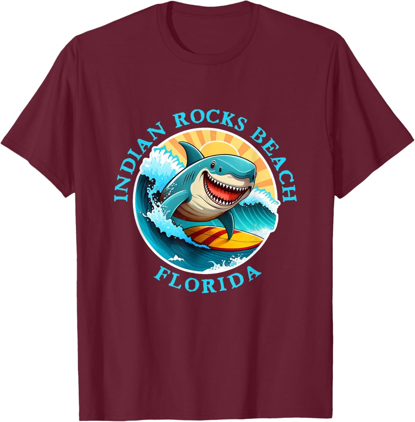 Indian Rocks Beach Florida Happy Surfing Shark Souvenir Men Women Kids T-Shirt - T-Shirt | Maroon