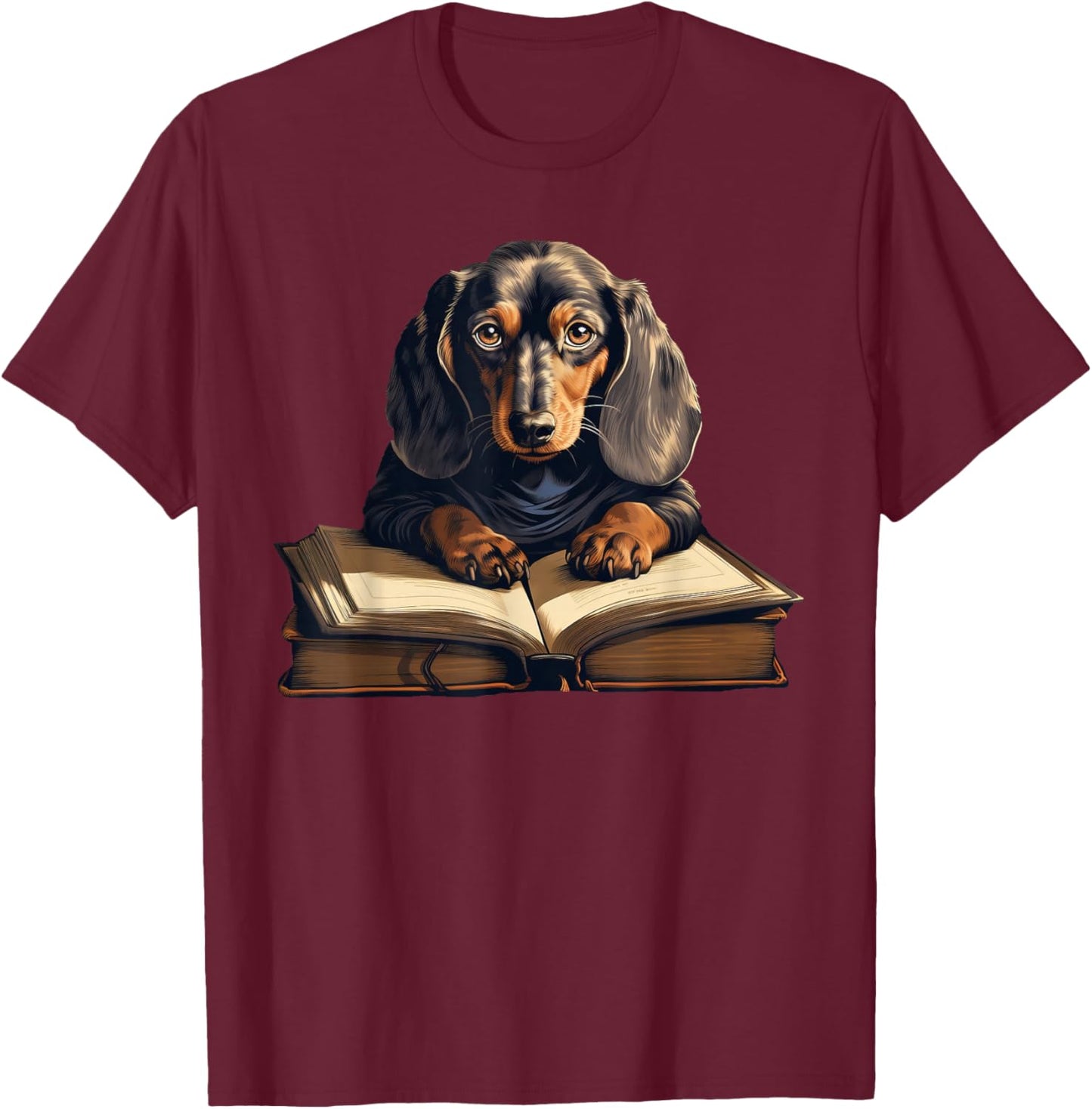 Cute Dog Dachshund Reading Book T-Shirt - T-Shirt | Maroon