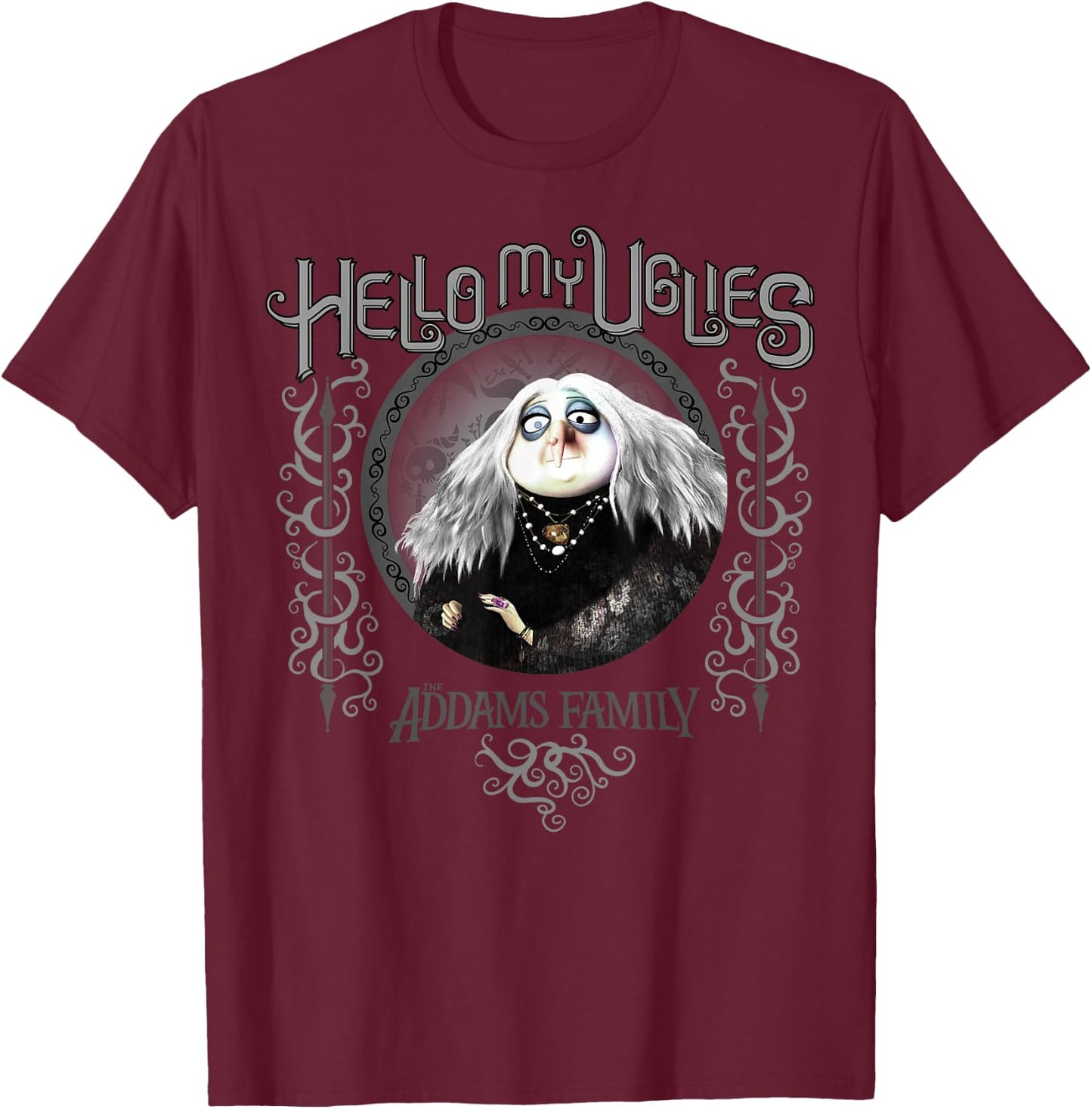 Addams Family Grandmama Hello My Uglies Portrait T-Shirt - T-Shirt | Maroon