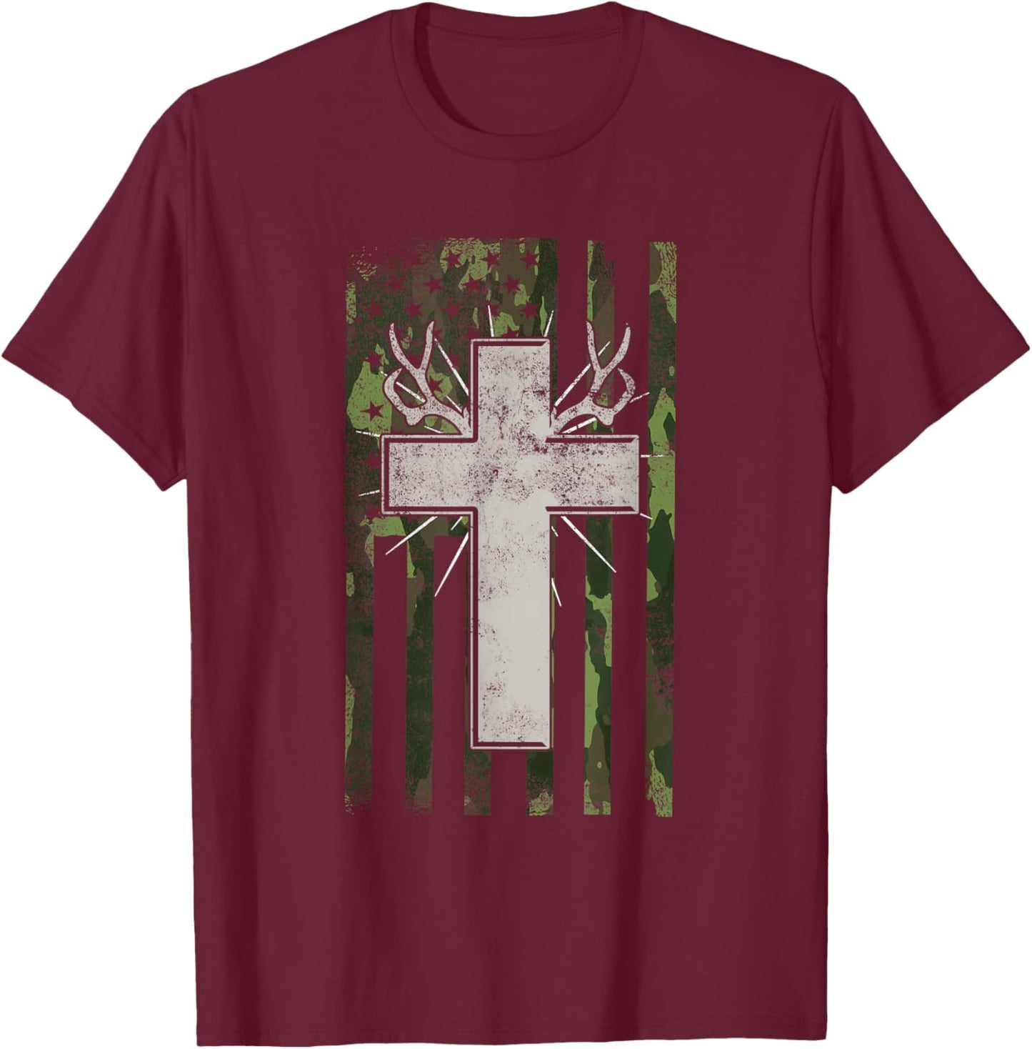 Jesus Christian Cross Hunting American Flag Camo Deer Hunter Women Men T-Shirt - T-Shirt | Maroon