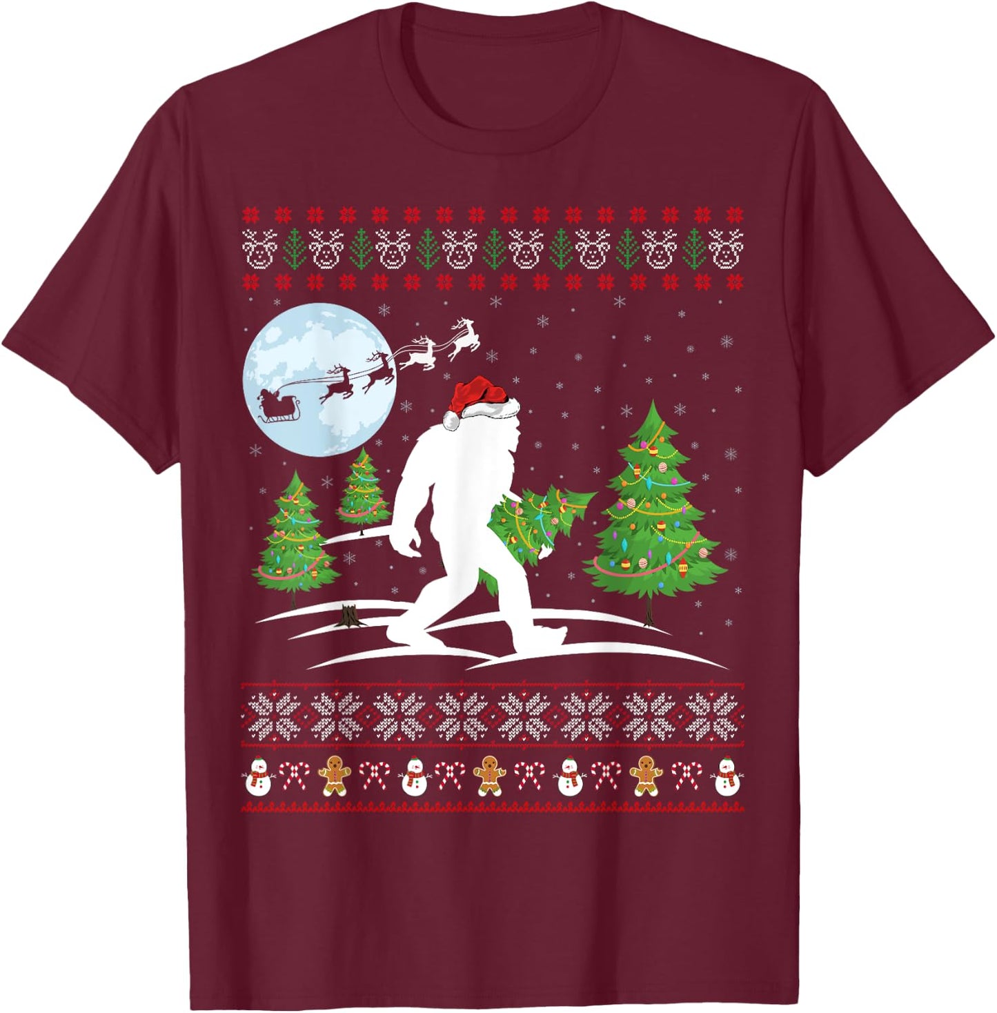 Funny Bigfoot Xmas Gift Santa Hat Ugly Bigfoot Christmas T-Shirt - T-Shirt | Maroon