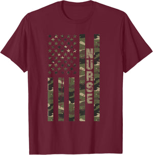 Nurse United States Distressed Camo w US Flag T-Shirt - T-Shirt | Maroon