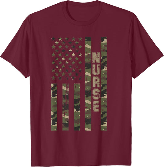 Nurse United States Distressed Camo w US Flag T-Shirt - T-Shirt | Maroon
