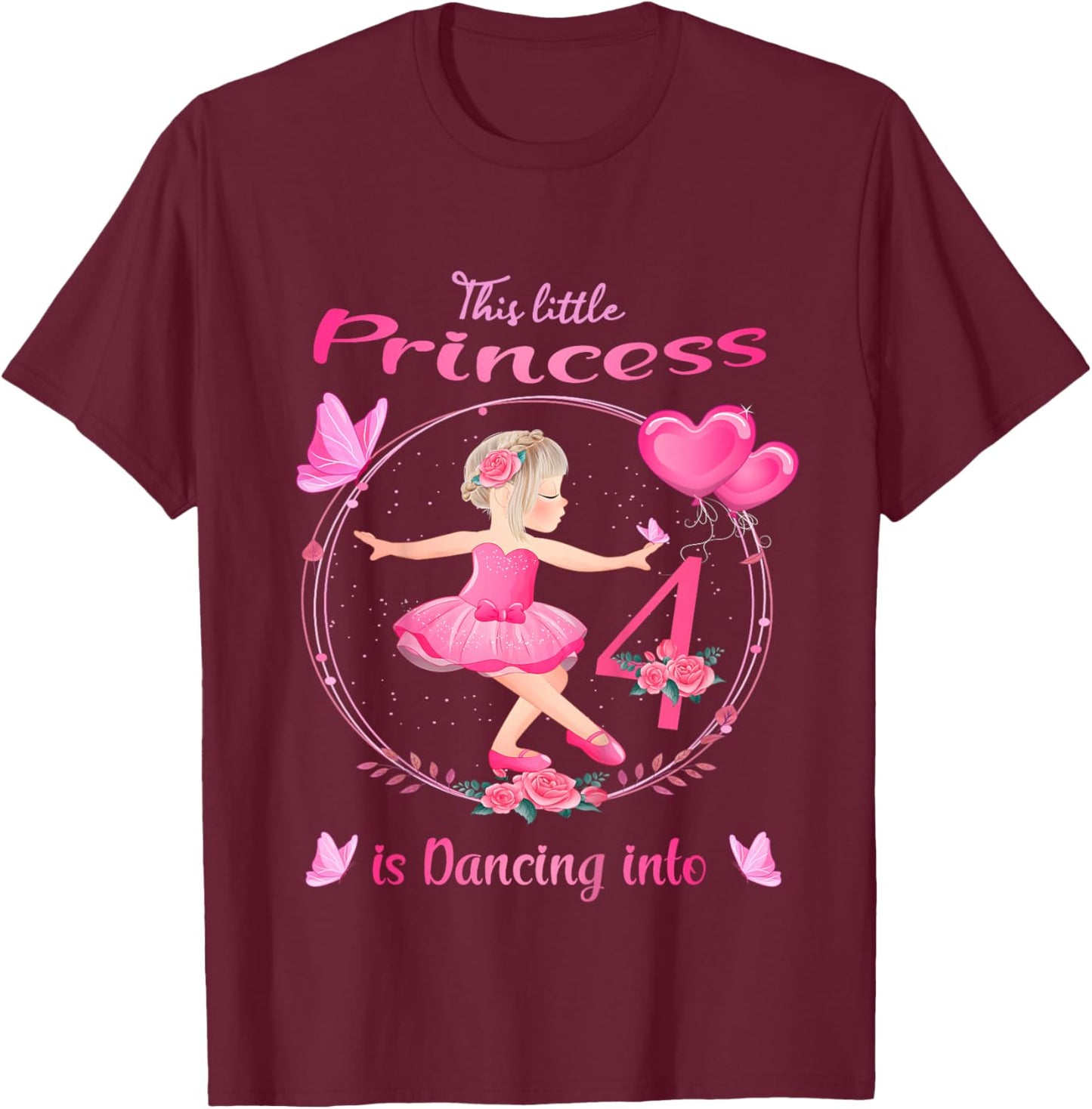 4th Birthday Ballerina in Tutu Dancing Into 4 Ballet Girl T-Shirt - T-Shirt | Maroon