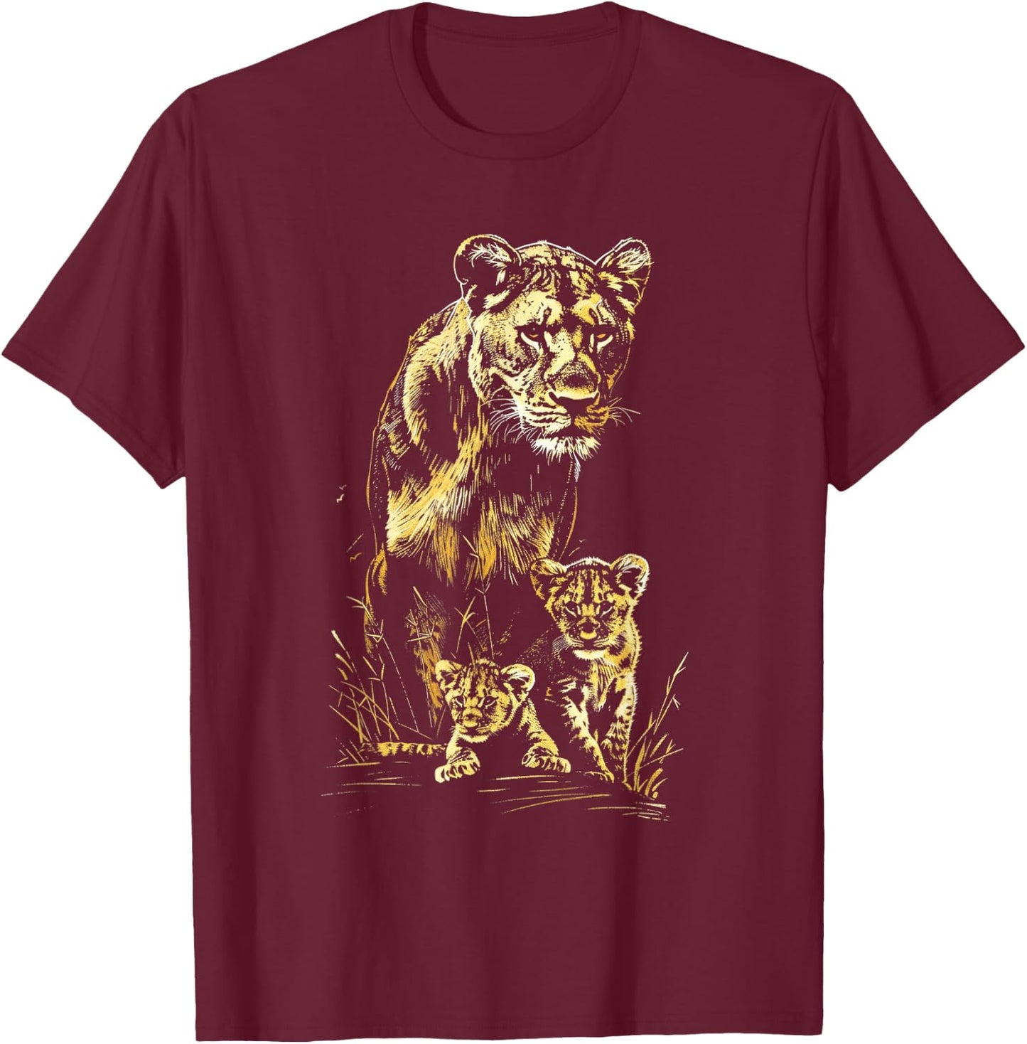 Lioness Cubs Hunting Team Lion Wildlife Sketch T-Shirt - T-Shirt | Maroon