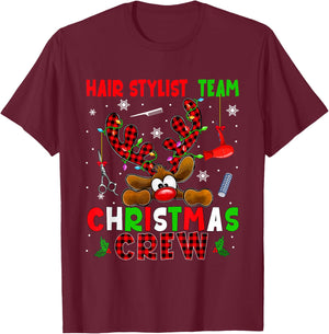 Hair Stylist Team Christmas Crew Proud Job Colorful Reindeer T-Shirt - T-Shirt | Maroon
