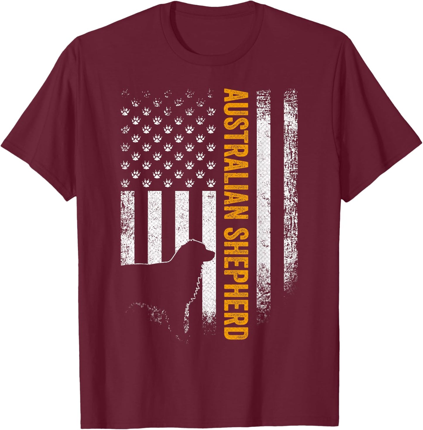 Vintage USA Australian Shepherd Dog Silhouette American Flag T-Shirt - T-Shirt | Maroon