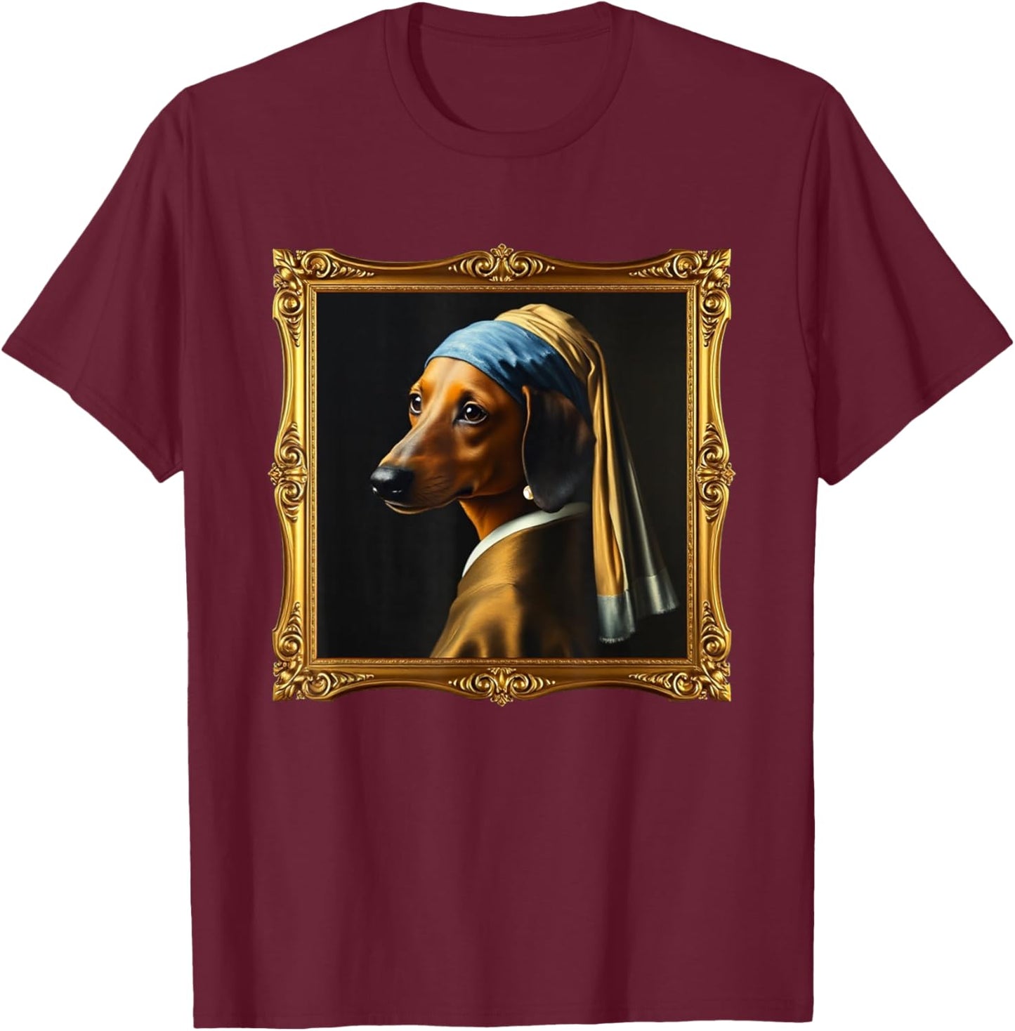 Dachshund Girl Dog with a Pearl Earring Famous Painting T-Shirt - T-Shirt | Maroon