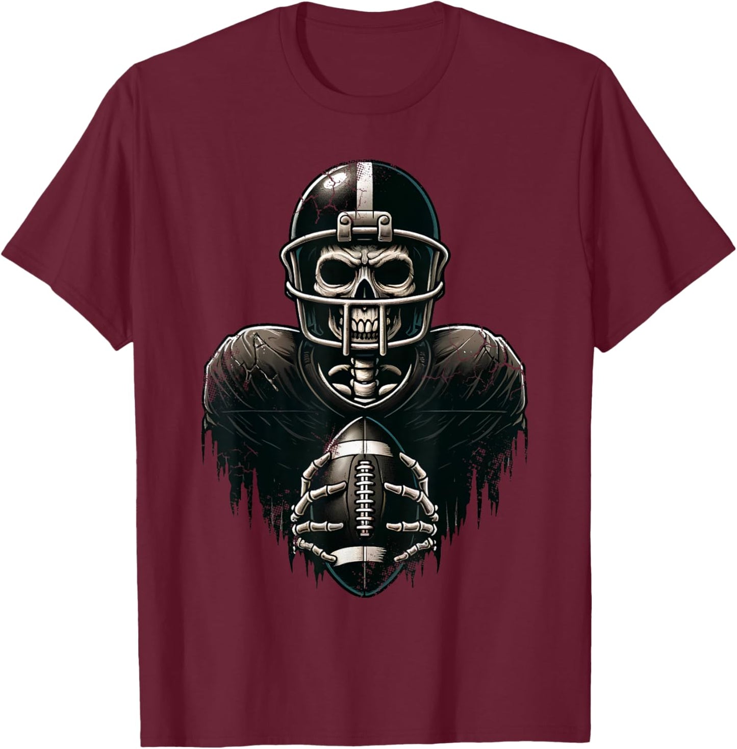 Halloween Skeleton Football Player Spooky Sports Graphic T-Shirt - T-Shirt | Maroon
