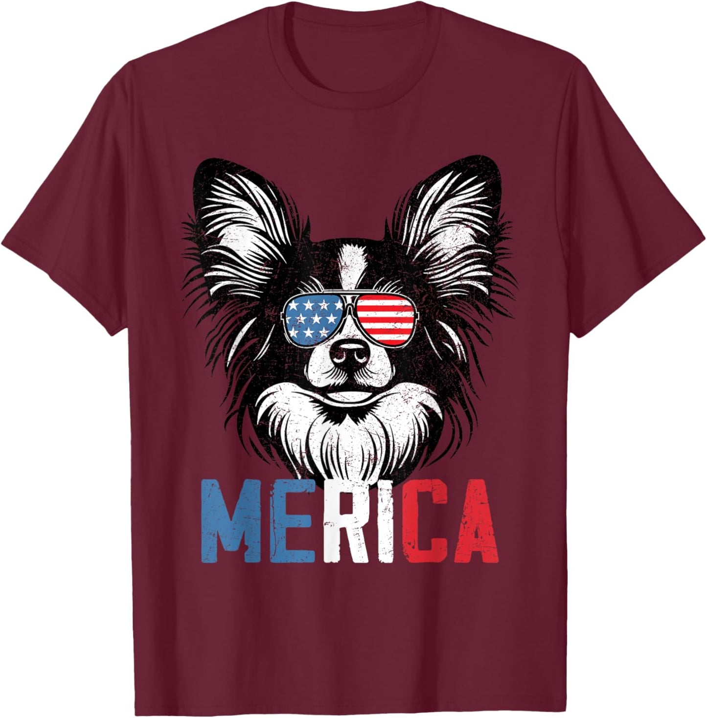 Patriotic Papillon Dog Merica 4th Of July Funny T-Shirt - T-Shirt | Maroon