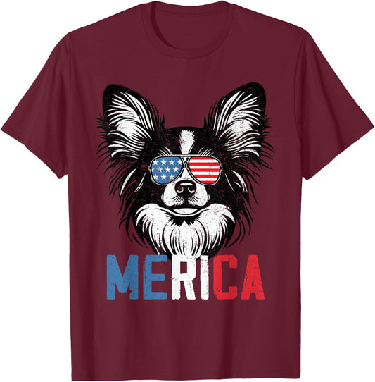 Patriotic Papillon Dog Merica 4th Of July Funny T-Shirt - T-Shirt | Maroon