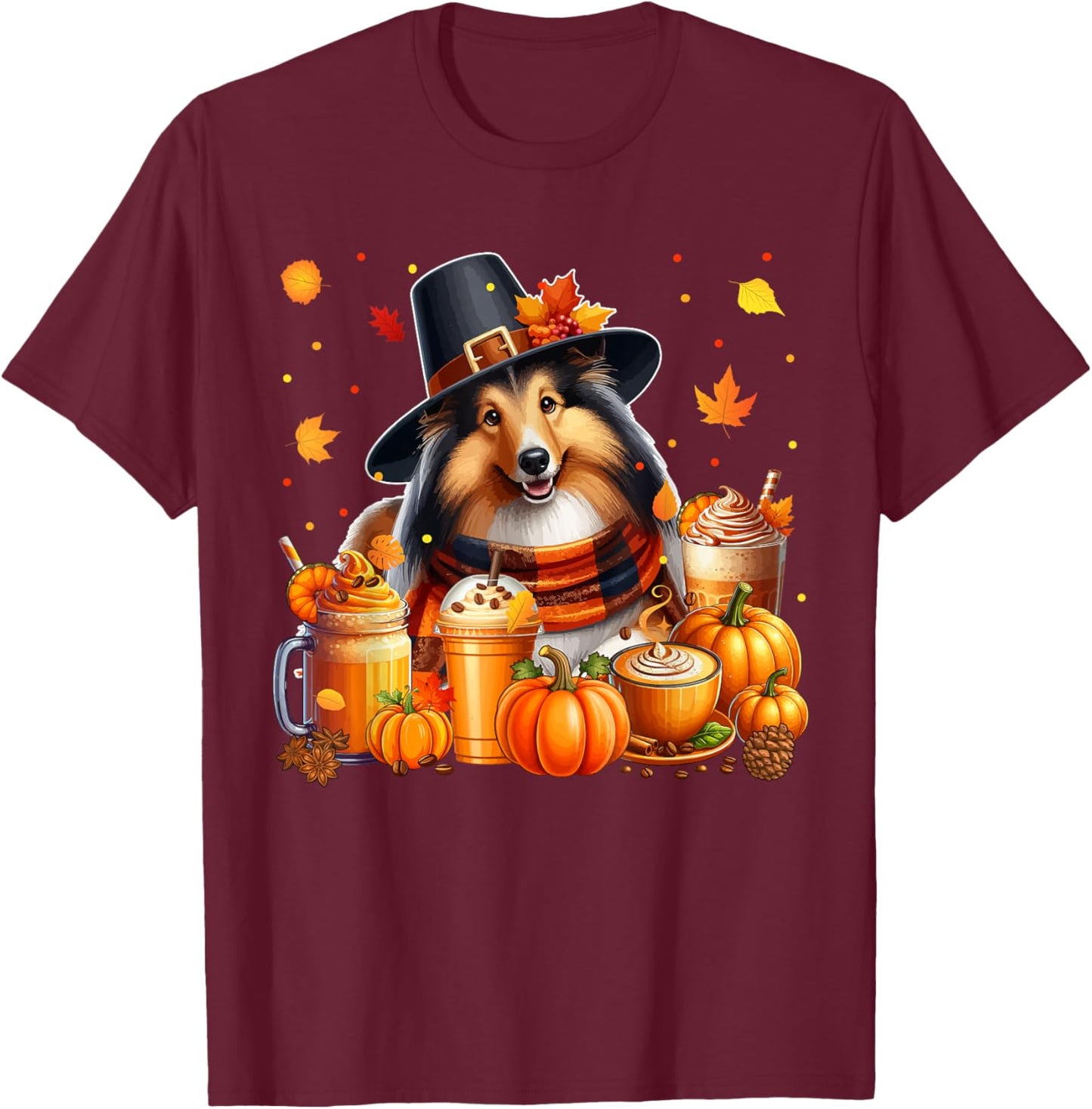 Sheltie Thanksgiving Drinks Coffee Fall Leaves Pumpkins T-Shirt - T-Shirt | Maroon