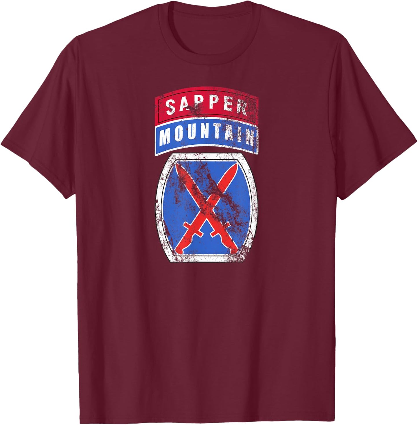 10th Mountain (MTN) Division Patch Sapper Tab Distressed T-Shirt - T-Shirt | Maroon