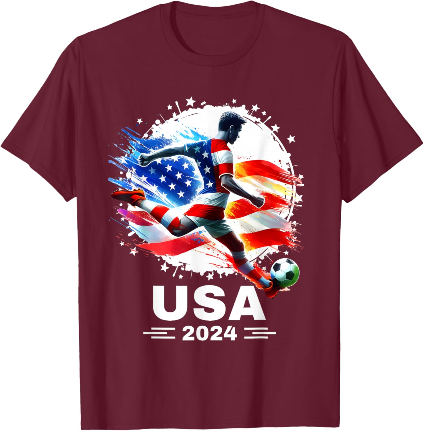 American Flag on Soccer Ball Soccer Ball Soccer 2024 T-Shirt - T-Shirt | Maroon