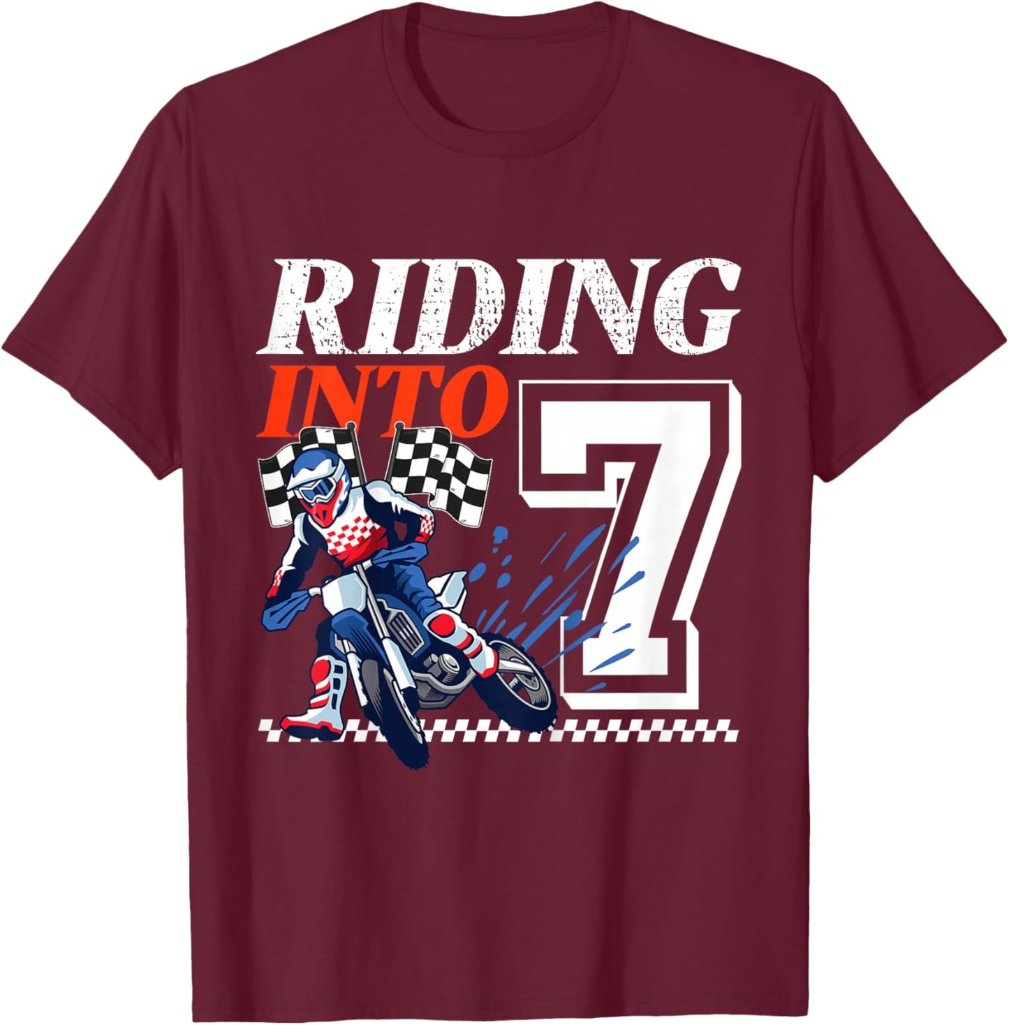 Dirt Bike Riding into 7 Years Motocross 7th Birthday Party T-Shirt - T-Shirt | Maroon