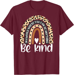 Be Kind Boho Leopard Rainbow Kindness Inspirational Cute T-Shirt - T-Shirt | Maroon