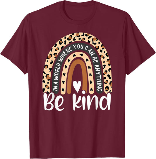 Be Kind Boho Leopard Rainbow Kindness Inspirational Cute T-Shirt - T-Shirt | Maroon