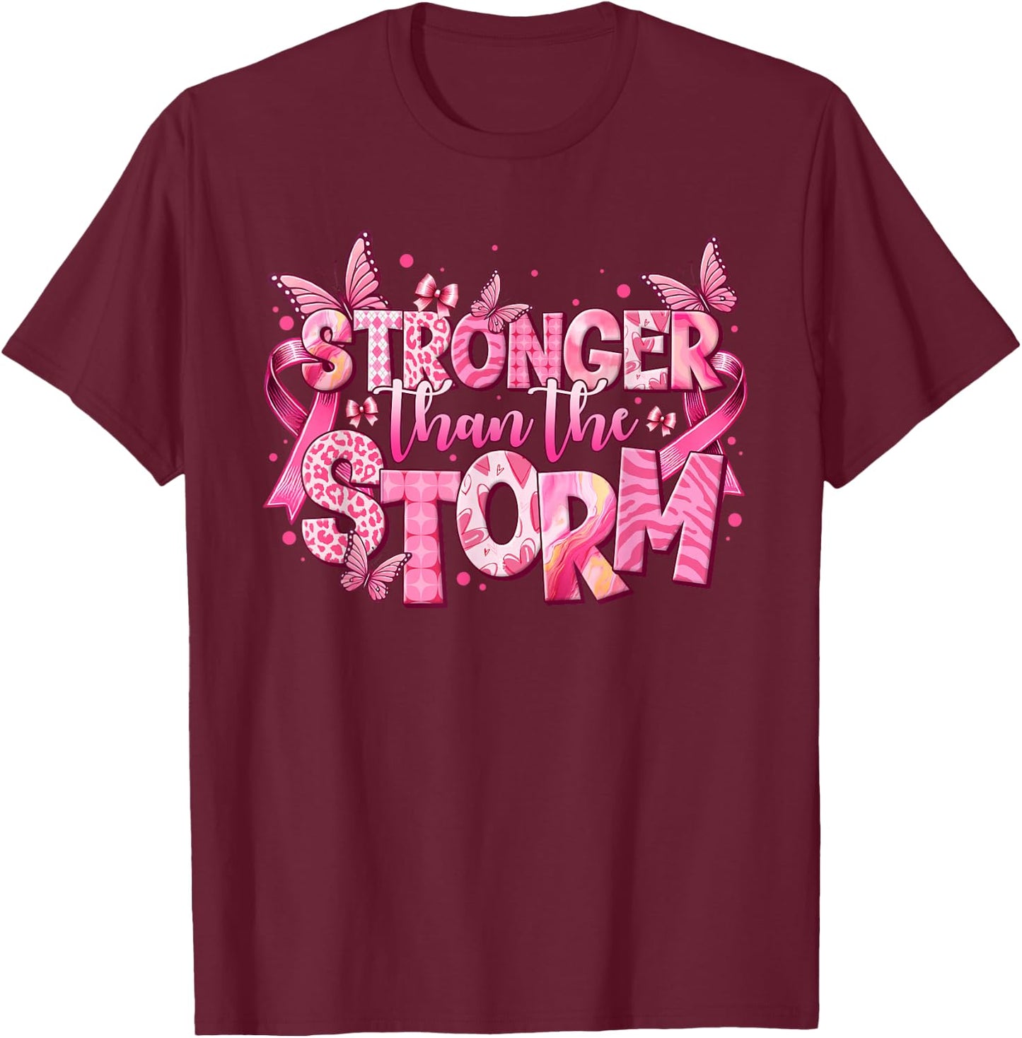 Stronger Than The Storm Pink Ribbon Breast Cancer Awareness T-Shirt - T-Shirt | Maroon