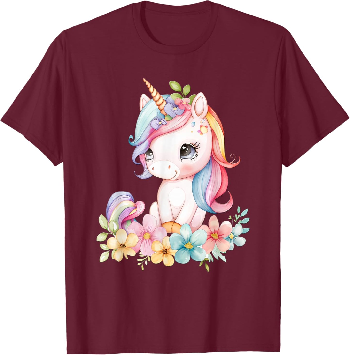 Baby Unicorn with Flowers Cute Lil Unicorns Horse Daughter T-Shirt - T-Shirt | Maroon