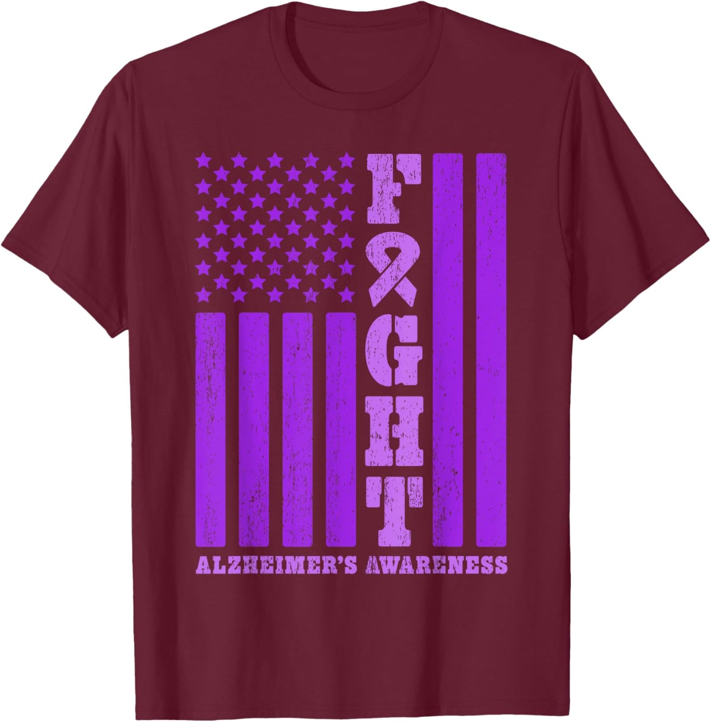 Fight Alzheimer's Awareness American Flag Purple Ribbon T-Shirt - T-Shirt | Maroon