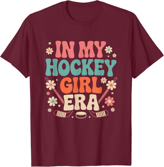 In My Hockey Girls Era Vintage Game Day Groovy Girls Hockey T-Shirt - T-Shirt | Maroon