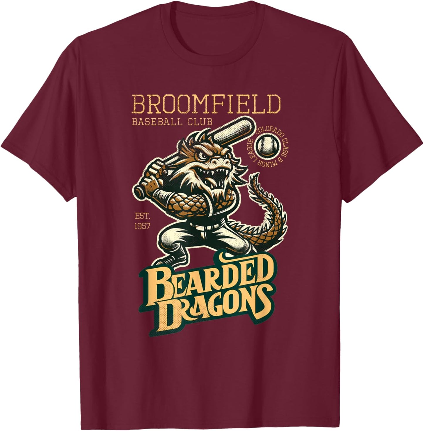 Broomfield Bearded Dragons Retro Minor League Baseball Team T-Shirt - T-Shirt | Maroon