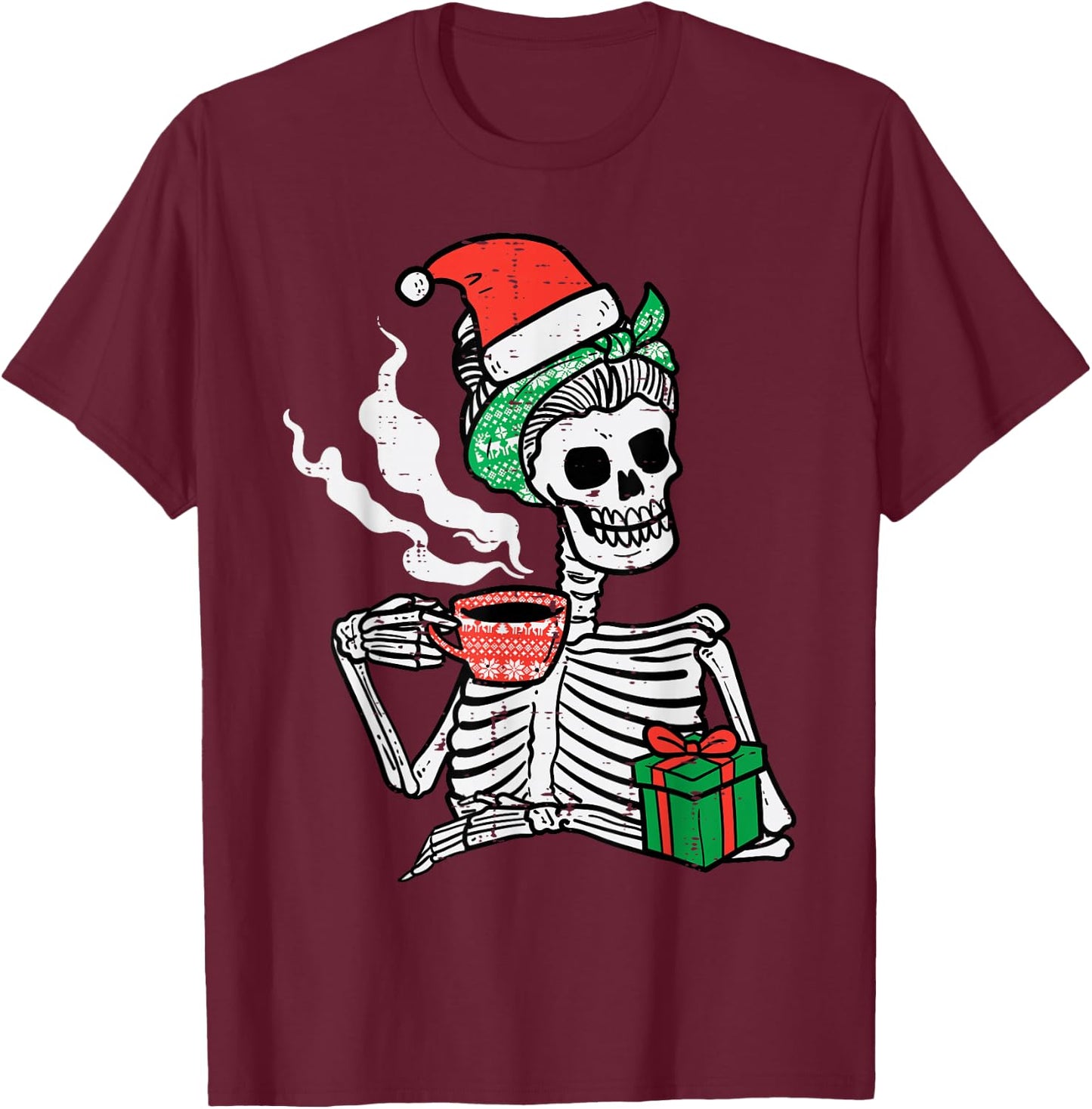 Woman Skeleton Santa Coffee Xmas Christmas Women Mom T-Shirt - T-Shirt | Maroon