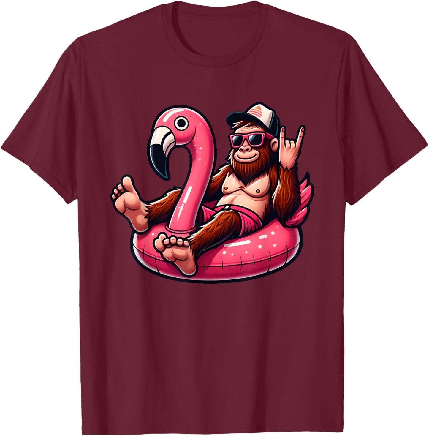 Bigfoot Chilling on Pink Flamingo Pool Float Beach Vacation T-Shirt - T-Shirt | Maroon