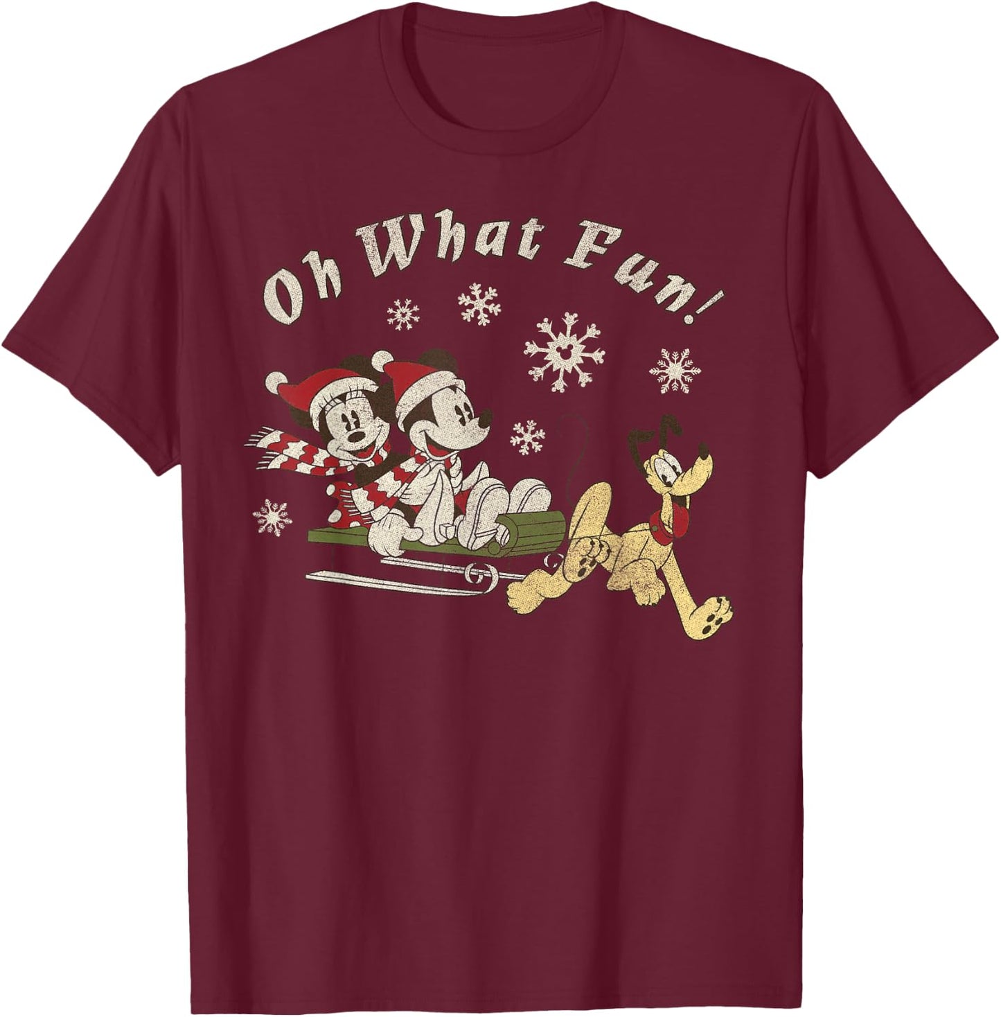 Disney Mickey Minnie and Pluto Oh What Fun Christmas Sled T-Shirt - T-Shirt | Maroon