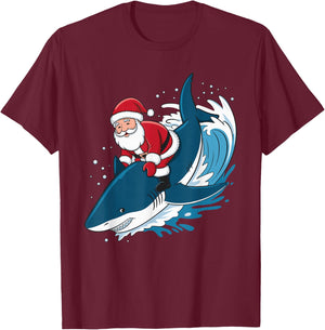 Santa Riding A Shark T-Shirt - T-Shirt | Maroon