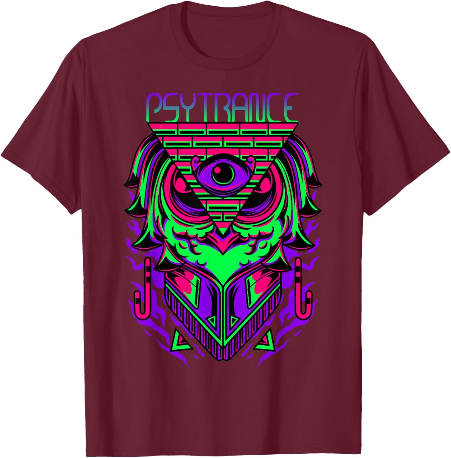 Psytrance Shirt, Rave Shirt, Techno Owl, EDM, Trippy 3rd Eye T-Shirt - T-Shirt | Maroon