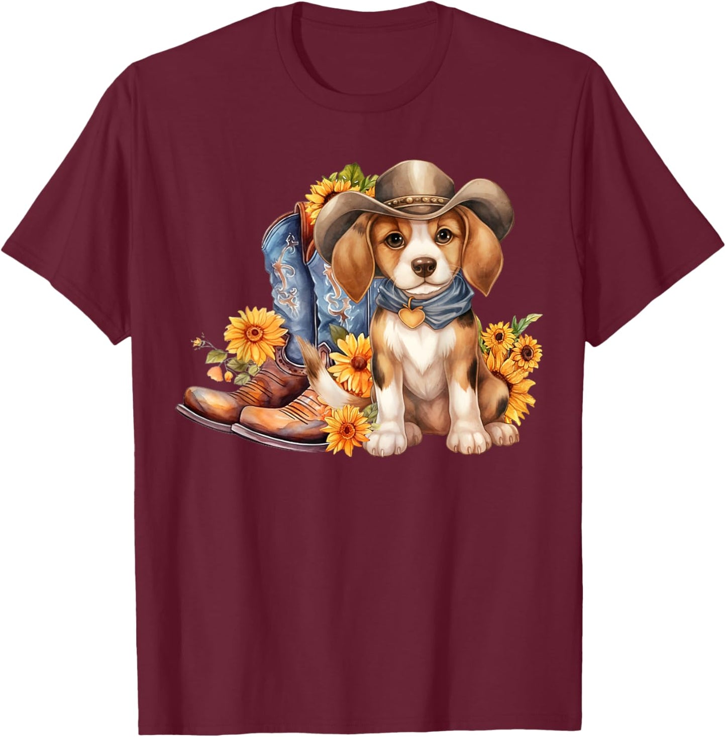 Beagle Dog Cowgirl boots Cowboy hat Sunflower Summer T-Shirt - T-Shirt | Maroon