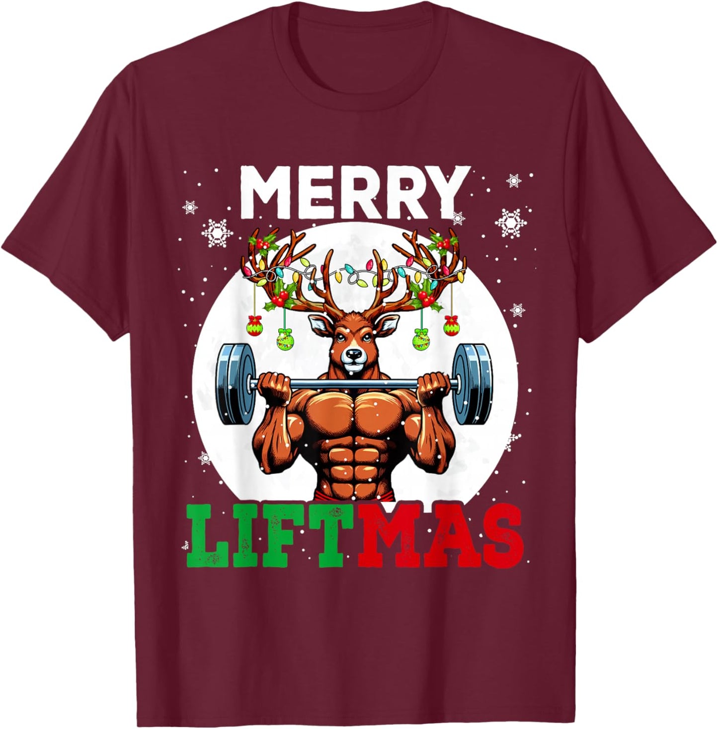 Merry Liftma's Christmas Reindeer Weightlifting Gym Workout T-Shirt - T-Shirt | Maroon