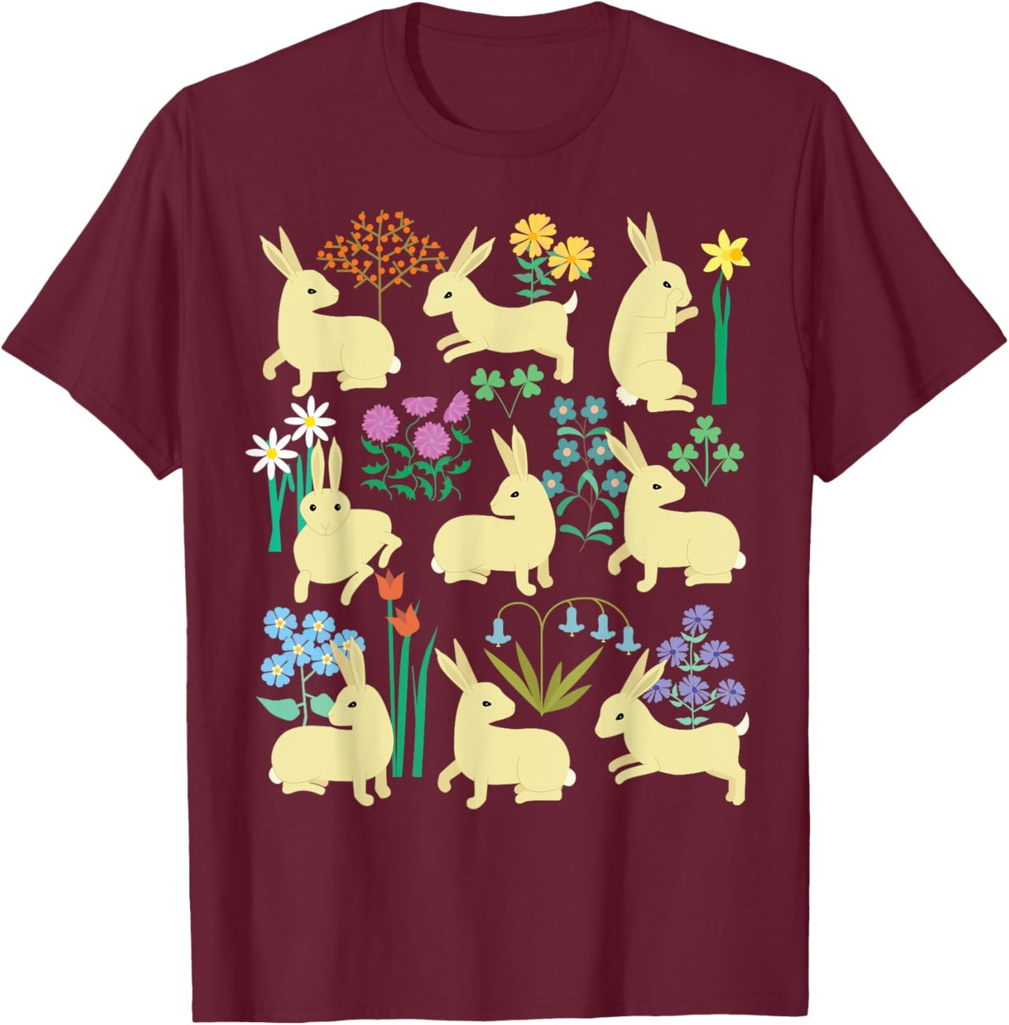 Playful little rabbits (bunnies) among colorful flowers T-Shirt - T-Shirt | Maroon