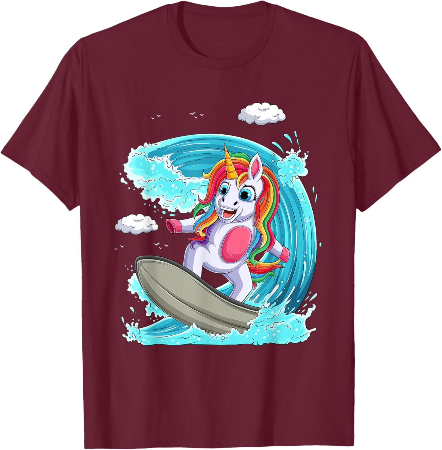 Cute Unicorn Girls Women Unicorn Surfing on Rainbow Wave T-Shirt - T-Shirt | Maroon