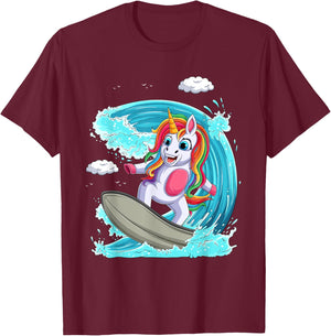Cute Unicorn Girls Women Unicorn Surfing on Rainbow Wave T-Shirt - T-Shirt | Maroon