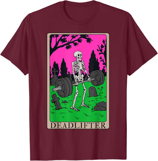 Funny Tarot Card Deadlifter Skeleton Graveyard Workout Art T-Shirt - T-Shirt | Maroon