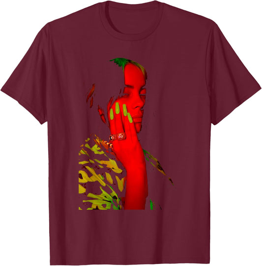 Official Billie Eilish Red Photo Neon Black T-Shirt - T-Shirt | Maroon