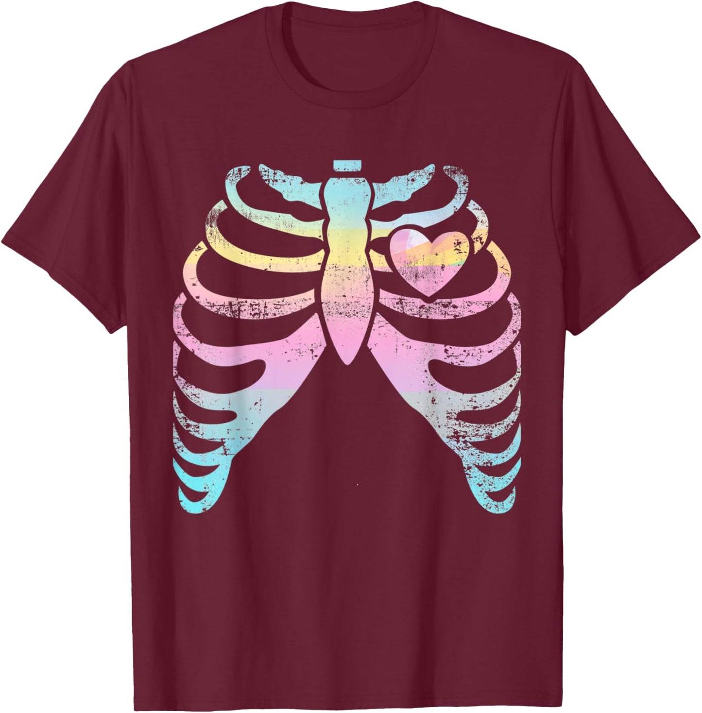 Menhera Kei Kawaii Pastel Goth Aesthetic Rib Cage & Heart T-Shirt - T-Shirt | Maroon