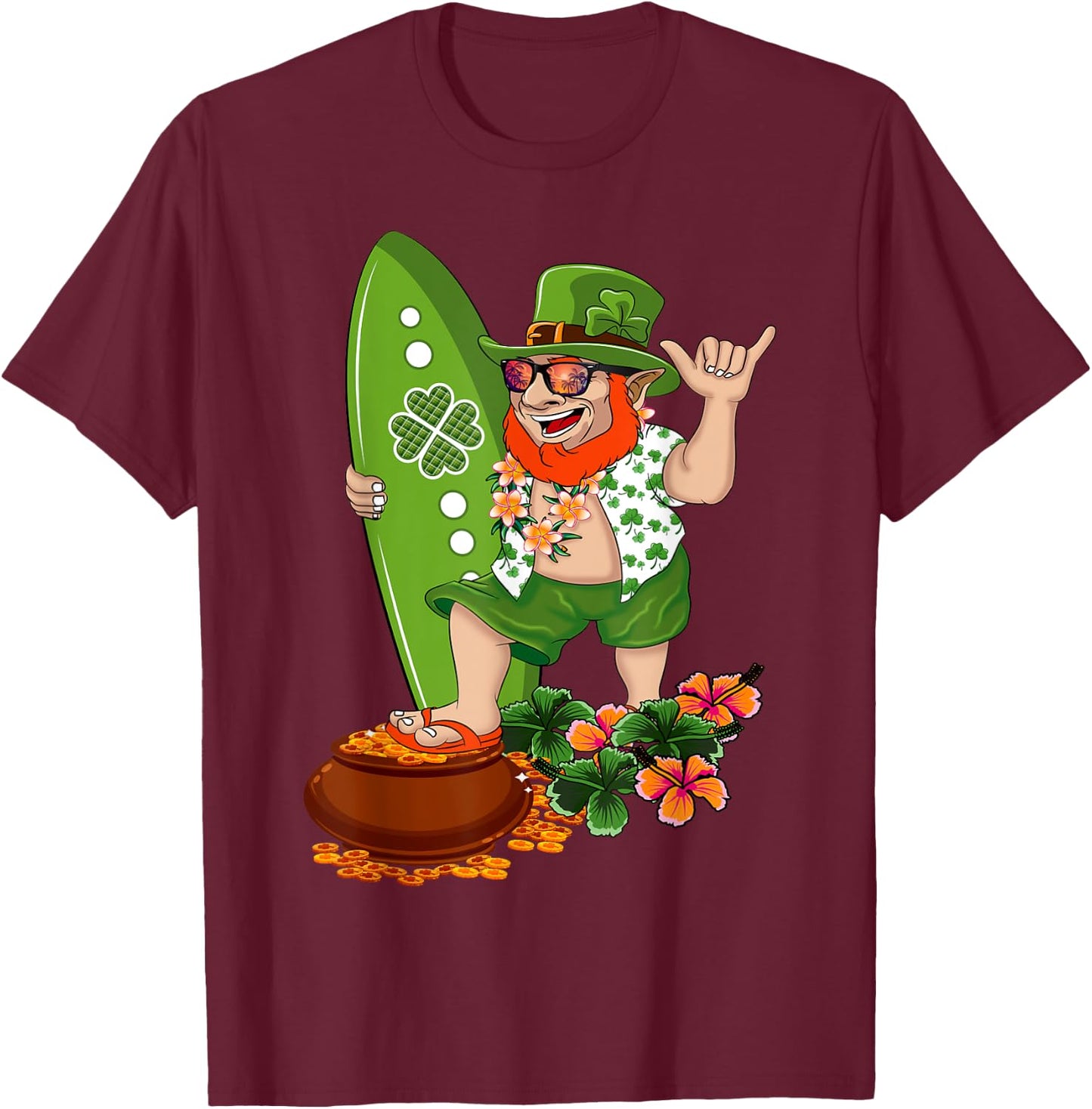 St Patricks Day Green Hawaiian Irish Leprechaun Surfer Shaka T-Shirt - T-Shirt | Maroon