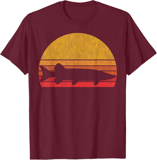 Musky Fishing Retro Muskie Fish Silhouette Fisherman T-Shirt - T-Shirt | Maroon