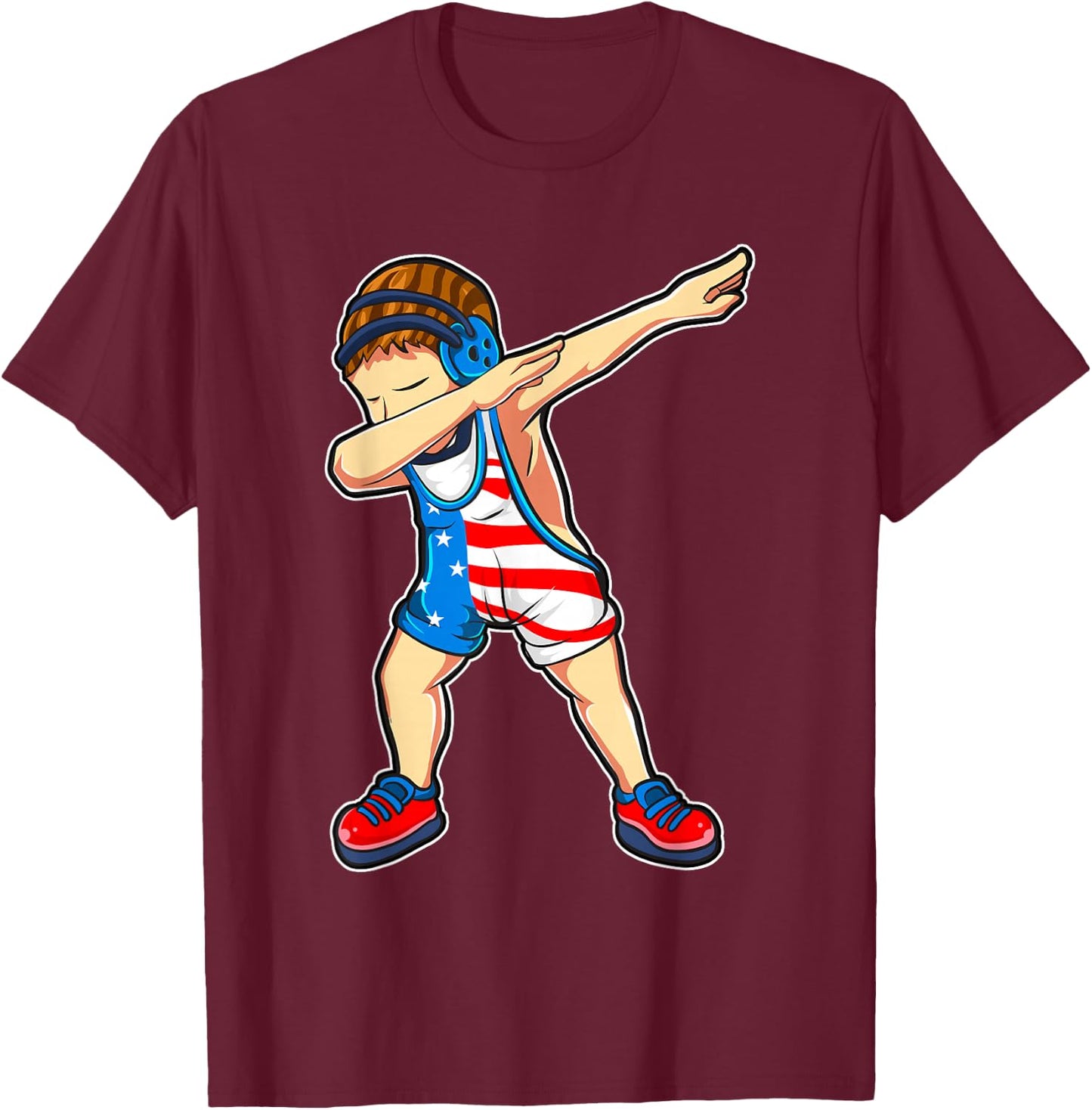 Dabbing Wrestling Boy Wrestler US Flag T-Shirt - T-Shirt | Maroon