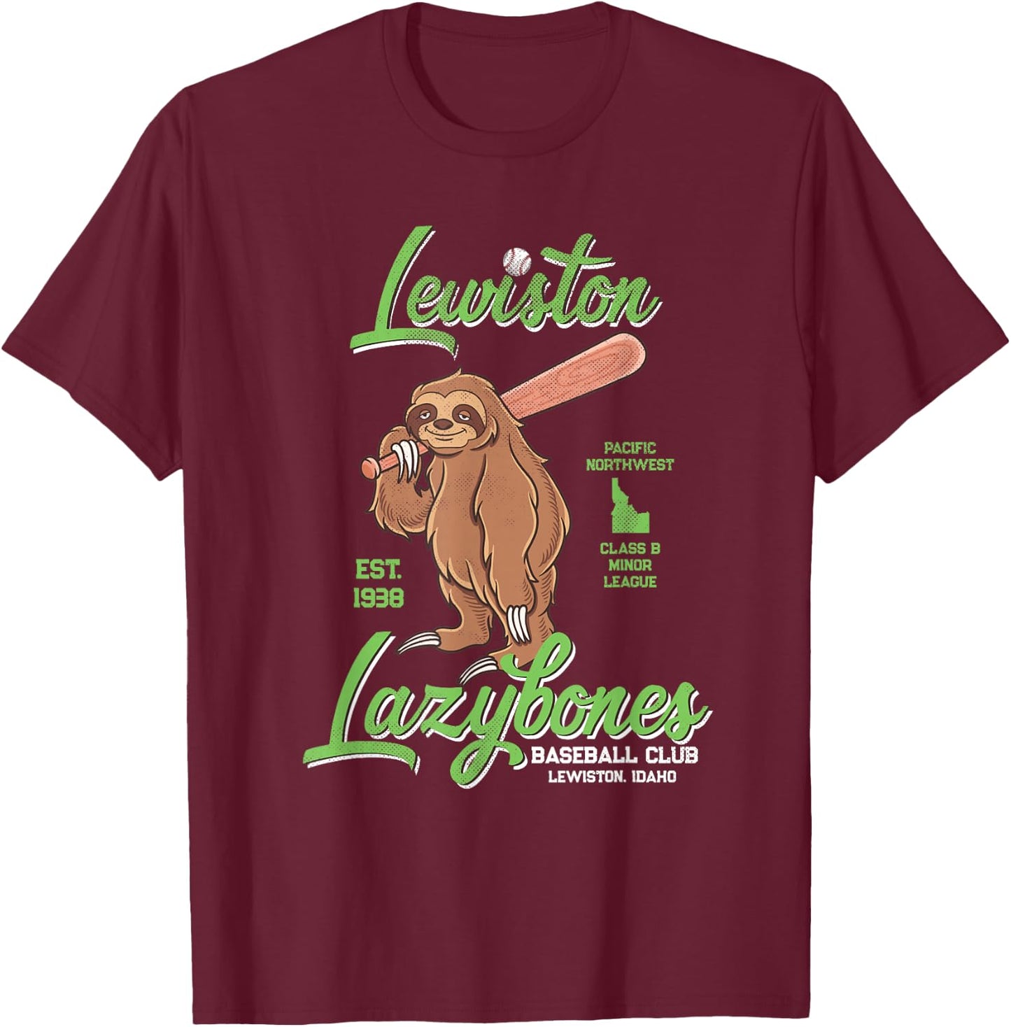 Lewiston Lazybones Minor League Retro Baseball Team T-Shirt - T-Shirt | Maroon