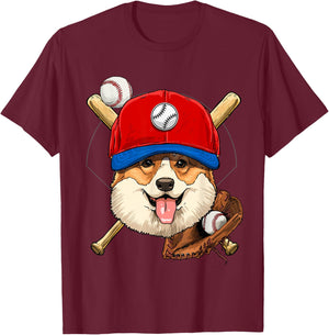 Corgi Baseball Dog Lovers Baseball Player T-Shirt - T-Shirt | Maroon